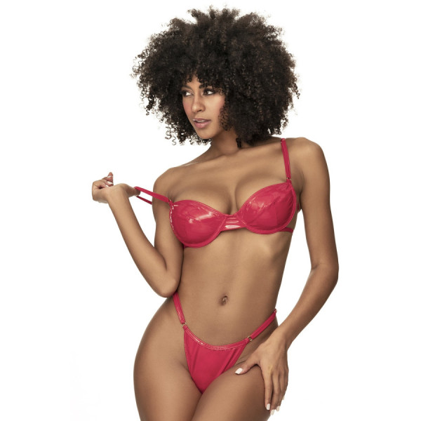 Ensemble lingerie sexy en vinyle rouge avec soutien-gorge et string 